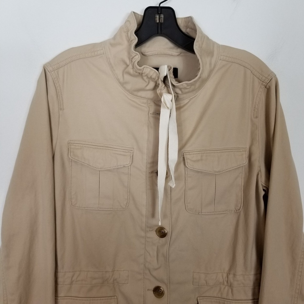 Talbots Womens Safari Jacket Sz M Beige Flap Pockets Stretch‎ Drawstring Button - Picture 2 of 8